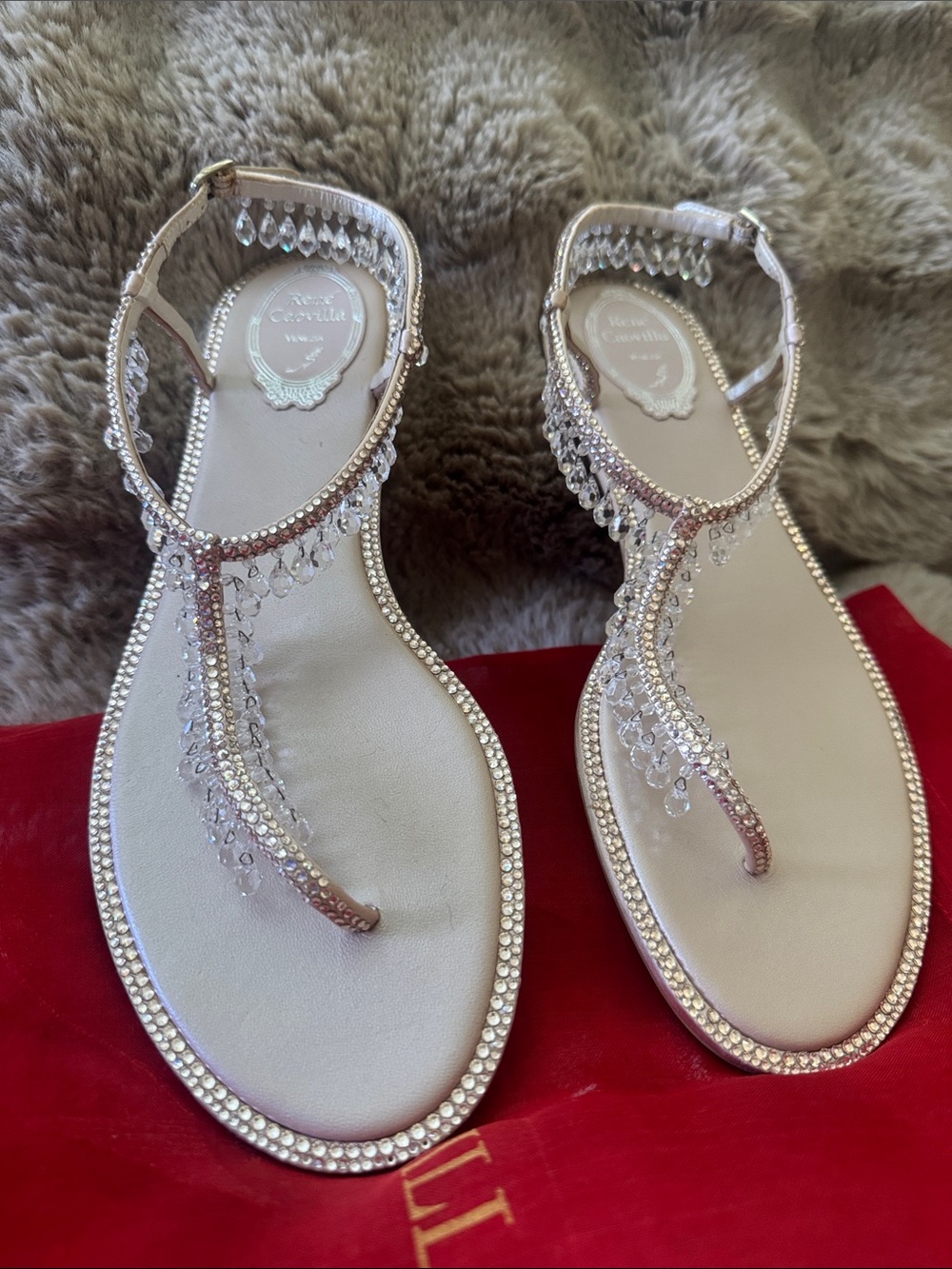Rene Caovilla Rose Gold Crystal Fringe T-Strap Sandals